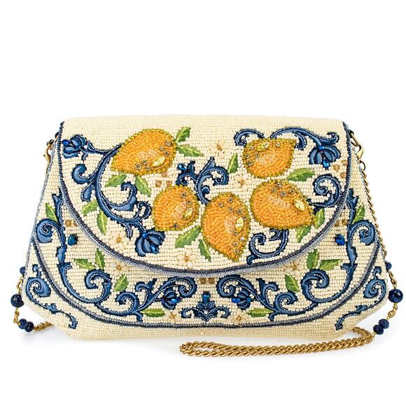 Mary Frances Capri Lemons Yellow and Blue Beaded Crossbody Handbag - Picture 1 of 6